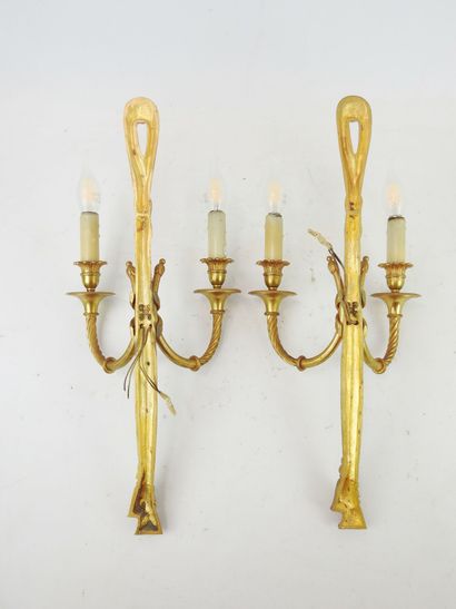 null Pair of Louis XVI style gilt bronze two-light sconces with drapery decoration....