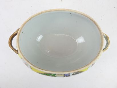 null CHINA: Porcelain oval covered pot or terrine on foot with polychrome enamel...