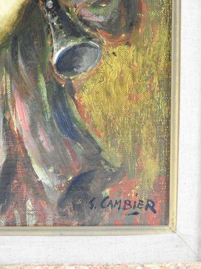null Guy CAMBIER (1923-2008) : Joueuse de hautbois. Huile sur toile signée en bas...