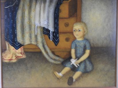 null Iberia LEBEL (born in 1956): Girl with a doll. Oil on canvas signed and dated...