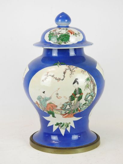 null CHINA: Porcelain covered pot decorated with a scene of women and two children...