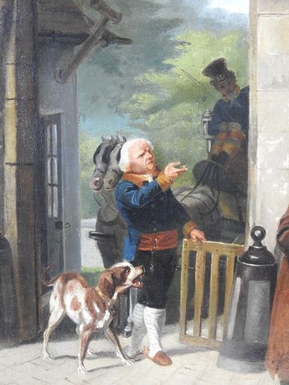 null Xavier LEPRINCE (1799-1826) attribué à : Le mendiant chassé par un valet. Huile...
