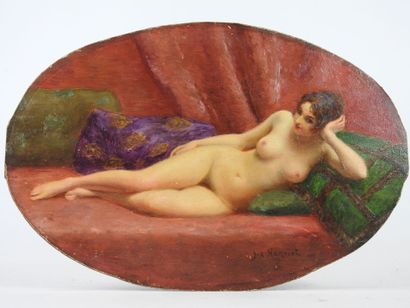  Jules Armand HANRIOT (1853-1877) Nu féminin. Huile sur panneau ovale signée en bas...