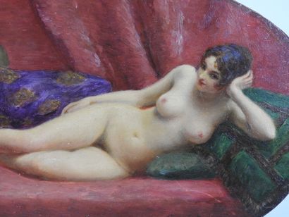 null Jules Armand HANRIOT (1853-1877) Female Nude. Oil on oval panel signed lower...