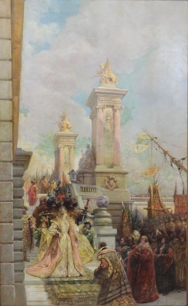  Georges CLAIRIN (1843-1919) : L'arrivée de la reine de Saba. Huile sur toile. Signé...