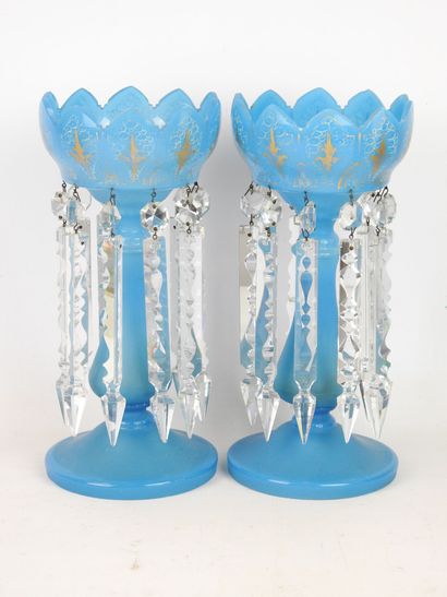 null Pair of blue and gold opaline glass ANAS HOLDER cups, the crenellated cup decorated...
