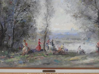 null Guy CAMBIER (1923-2008) : Elegants au bord de l'étang. Huile sur toile signée...