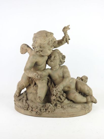 null After CLODION (1738-1814). Terra cotta group representing two putti. H.49 x...