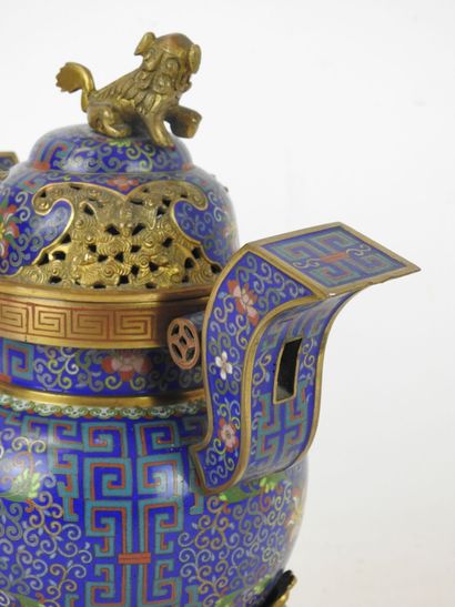 null 
CHINA: Tripod perfume burner with two cloisonné handles decorated with lotus...