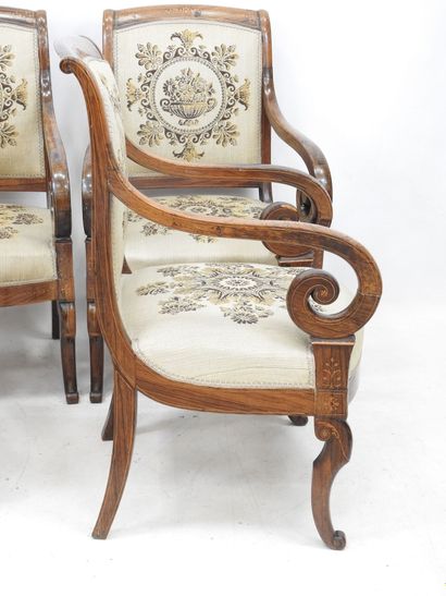 null Suite of FOUR ROSEWOOD CHAIRS with rosewood veneer and light wood marquetry...
