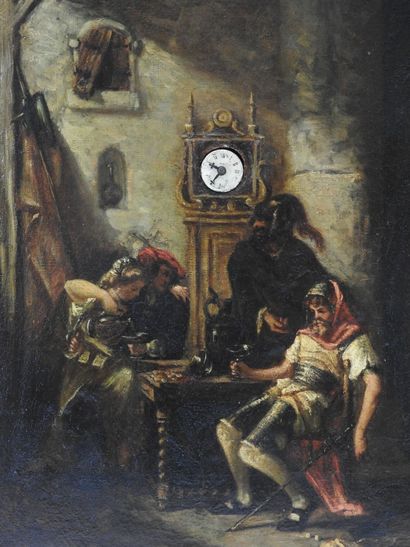 null 
TABLEAU HORLOGE représentant une scène de taverne. Huile sur toile avec trace...