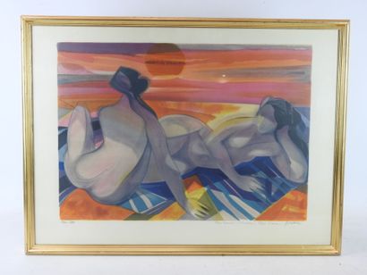  Camille HILAIRE (1916-2004) : Deux femmes sur une plage. Lithographie en couleurs...