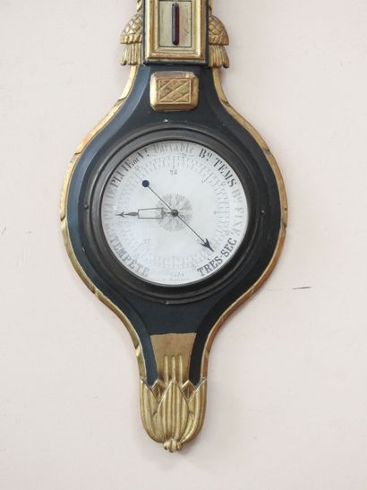 null THERMOMETER BAROMETER in blue lacquered wood and gilded, molded and carved,...