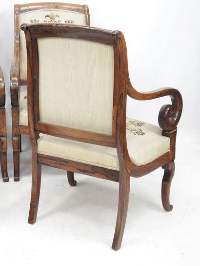null Suite of FOUR ROSEWOOD CHAIRS with rosewood veneer and light wood marquetry...
