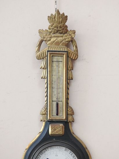 null THERMOMETER BAROMETER in blue lacquered wood and gilded, molded and carved,...