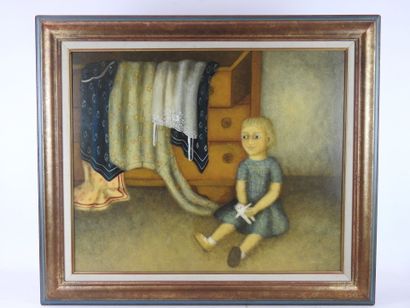 null Iberia LEBEL (born in 1956): Girl with a doll. Oil on canvas signed and dated...
