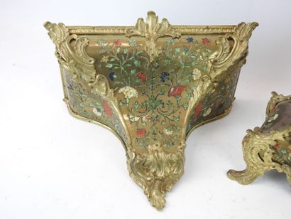 null LAMP CARTEL and its base in brass veneer inlaid with flowering branches in tinted...
