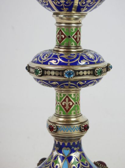 null CALICE in silver (950°/°°) and enamels decorated with interlacing and colored...