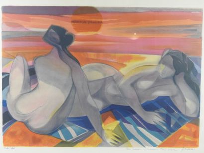  Camille HILAIRE (1916-2004) : Deux femmes sur une plage. Lithographie en couleurs...