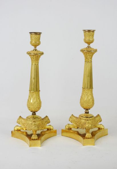 null Pair of large chased and gilt bronze, matt and bright gold, decorated with flowering...