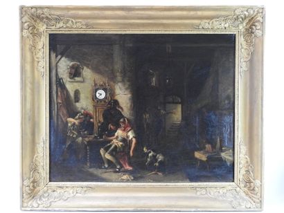 null 
TABLEAU HORLOGE représentant une scène de taverne. Huile sur toile avec trace...