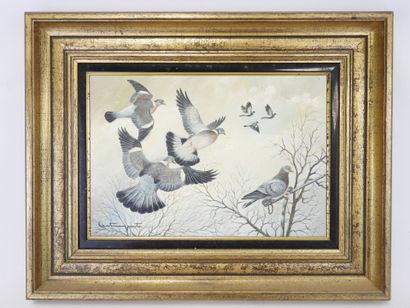 null Jean-Claude LESTRINGANT (XXth): Flight of a pigeon. Oil on canvas. Signed lower...