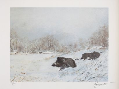 null Michel MIEUSEMENT (XIX-XXth) : Wild boars. Lithography. N° 51/200. Signed lower...