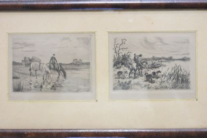 null TWO SMALL ENGRAVINGS of venerie in the same frame. 7,5 x 9,5 cm at sight. Wear...