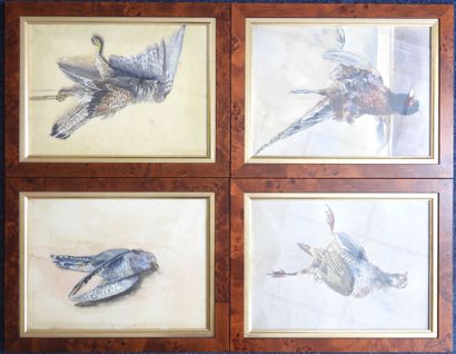 null FOUR AQUARELLES from a castle in Dordogne. Modern frame in burr and marie louise...