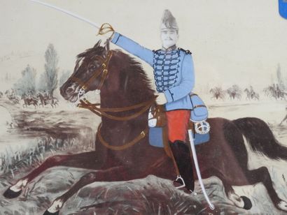 null PHOTOGRAPHIE. Photo colorisée d'un chasseur à cheval du 21e régiment, classe...