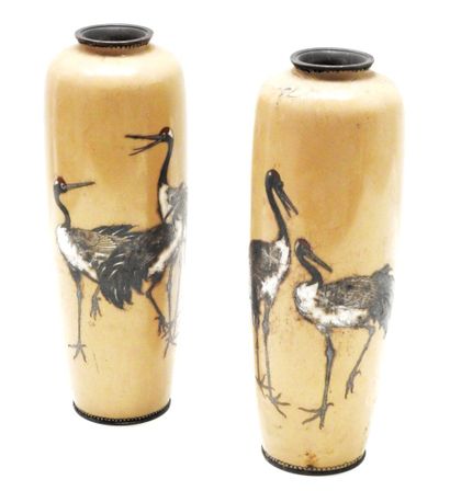 Pair of enamelled vases decorated with cranes...