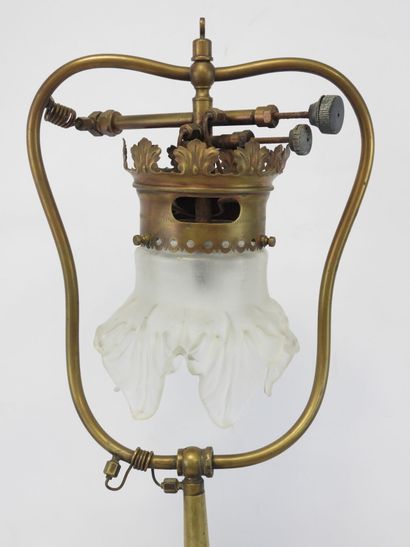 null PRESSURE LAMP with brass tank and molded glass tulip. Marked LILOR Paris. Period...