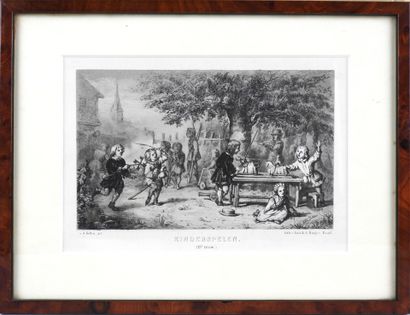 null ENGRAVINGS. Meeting of 3 engravings framed under glass, wooden sticks: "Rüstungen...