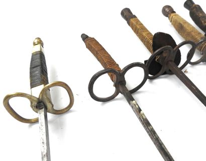 null FENCING. Meeting of 3 foils with cigar-shaped wooden handles covered with a...