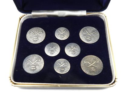 null JEWELRY. Case containing 12 pewter blaser buttons with crossed swords under...