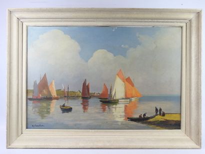 null M. CANCHON - XXth century : Seaside with sailboats. Oil on canvas signed in...