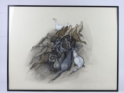 null MARTINEAU: Study of geese and ducks. Watercolor drawing signed in the lower...