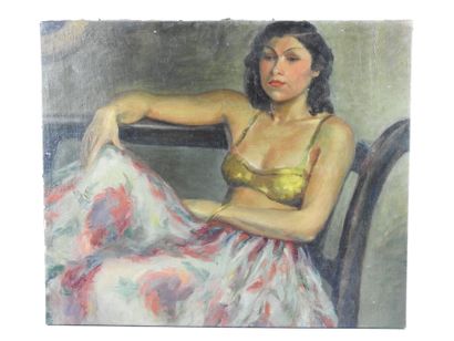 null School of the XXth century : Young woman on a bench. Oil on canvas. 46 x 55...