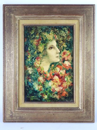 null Marguerite BORDET (1909-2014): Head of woman with flowers. Oil on canvas. Signed...