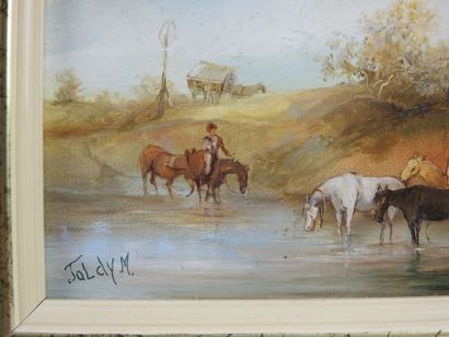null JOLDY M. - XXth century : The crossing of the ford. Oil on panel signed lower...