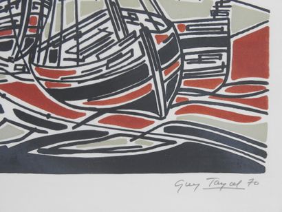 null Guy TAYAL - XXth century : Boats at low tide. Lithograph in colors justified...