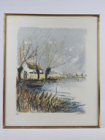 null Aimé Daniel STEINLEN (1923-1996): House by the pond. Lithograph in colors justified...