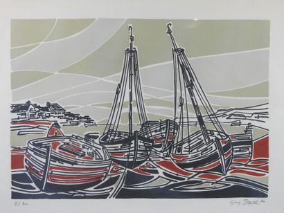 null Guy TAYAL - XXth century : Boats at low tide. Lithograph in colors justified...