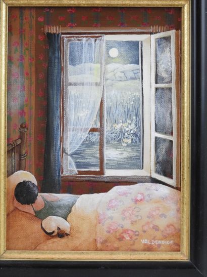 null Monique VALDENEIGE - naive school of the XXth century : Moonlight. Oil on canvas...
