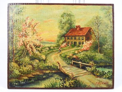 null P. BONNET: Landscape at home and landscape at the mill. Two oils on panels,...