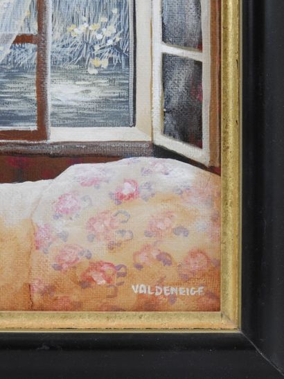 null Monique VALDENEIGE - naive school of the XXth century : Moonlight. Oil on canvas...