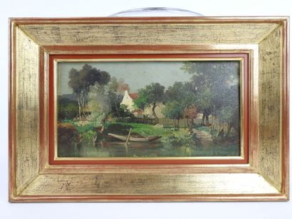 null School of the XXth century: Landscape with a pond. Oil on panel with a trace...