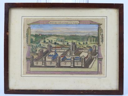 null CASTLE of VINCENNES. Antique engraving with rehauts of colors, annotated with...