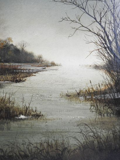 null Albert DRACHKOVITCH-THOMAS (born in 1928): Pond under the snow. Oil on isorel...