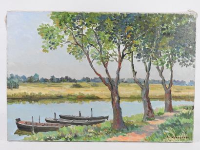 null Robert LEBOUCHER - XXth century : The banks of the Yerres. Oil on canvas signed...